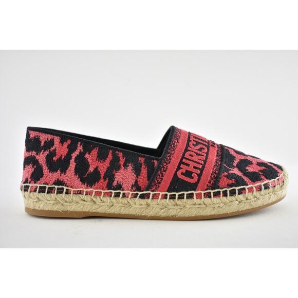 Dior Granville Black Pink Leopard Pop D Logo Embroidered Espadrille Flat 38 - Picture 1 of 10